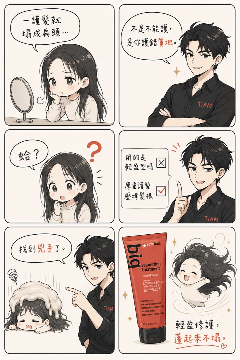 漫畫版使用說明:細軟扁塌髮,護髮不壓塌、蓬起來