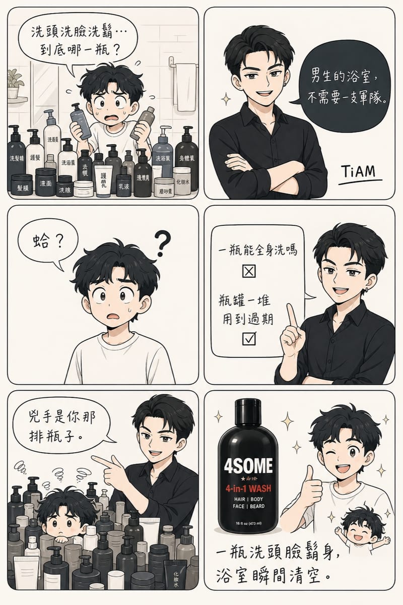 漫畫版使用說明：懶人男士、出差族，一瓶洗頭、臉、鬍、身