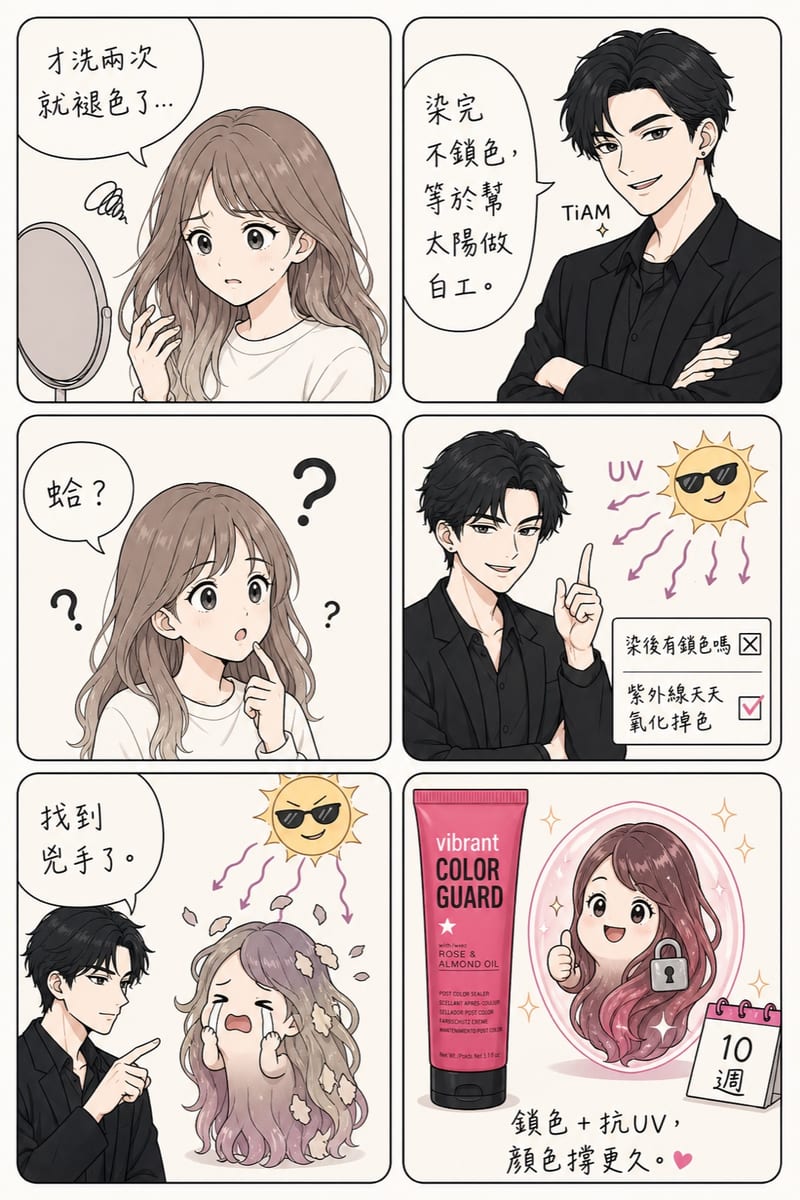 漫畫版使用說明:染髮族、淺色特殊色,撐色 10 週抗 UV