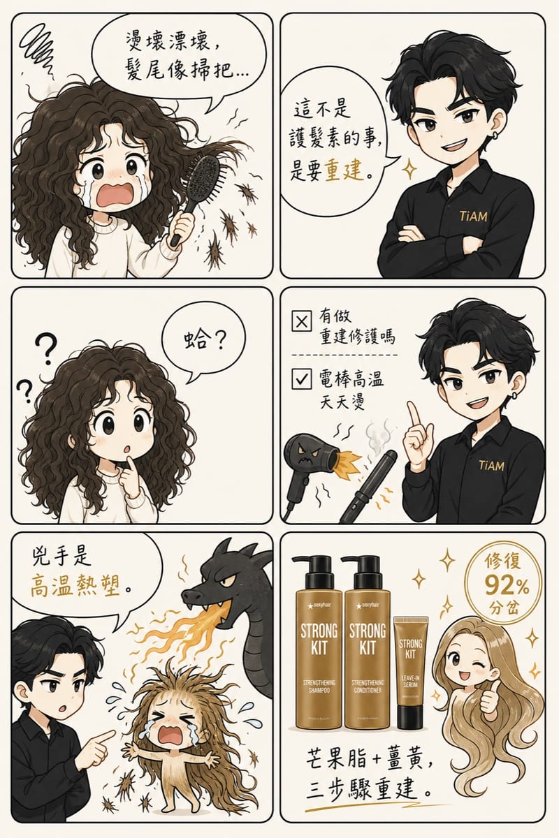漫畫版使用說明:燙壞漂壞、重度受損,燙後修護修復 92% 分岔