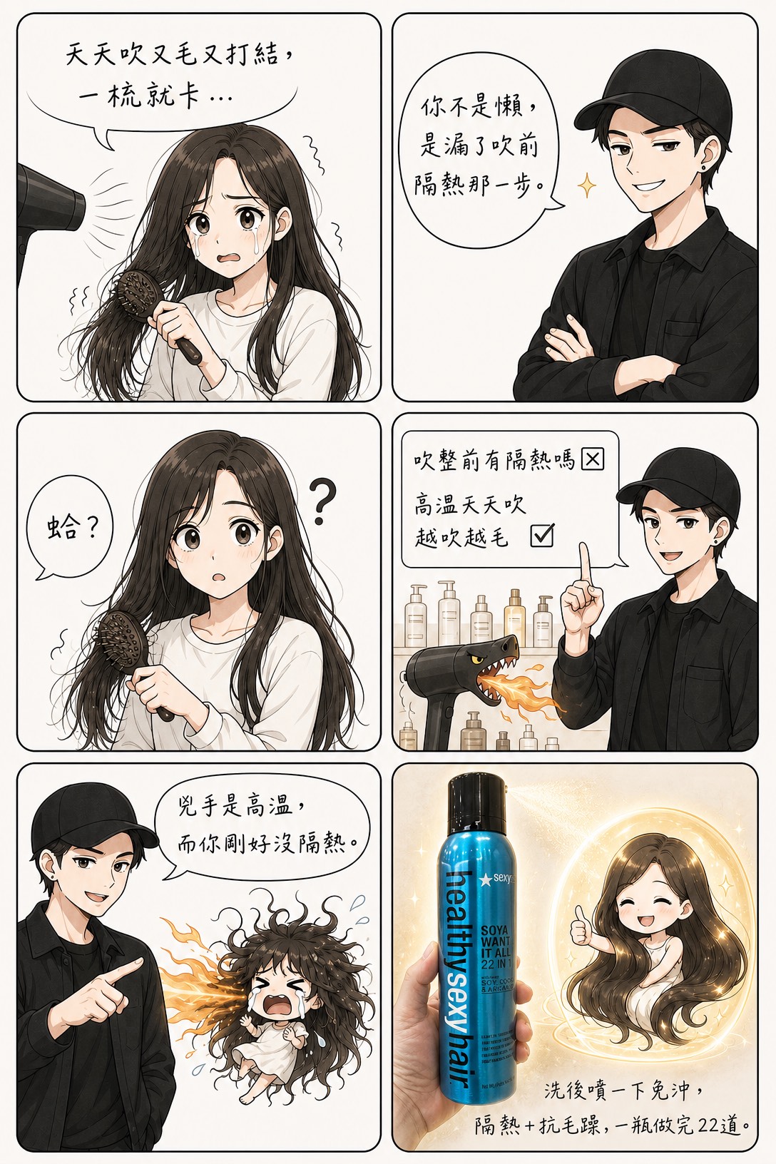 吹前隔熱＋毛躁打結兩軸兼顧，免沖一瓶包，吹整前噴一噴就搞定