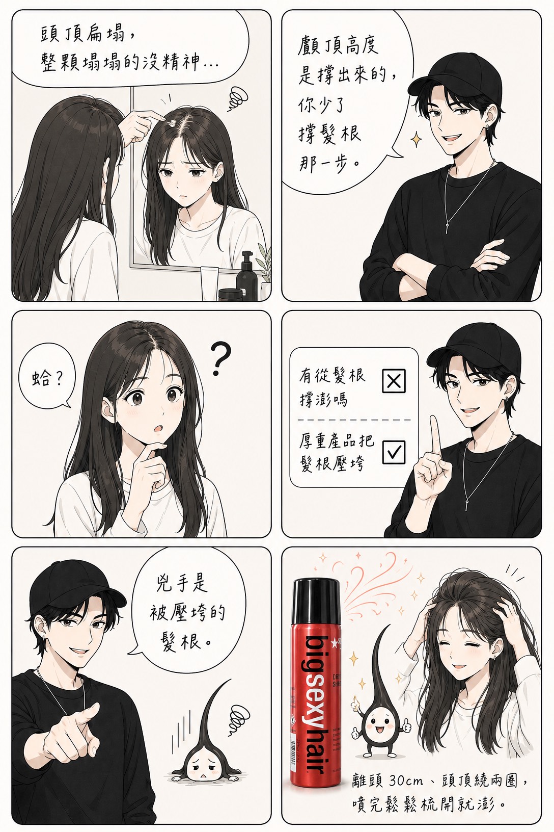 顱頂扁塌沒精神，手舉離頭頂繞兩圈噴一噴，澎度立現