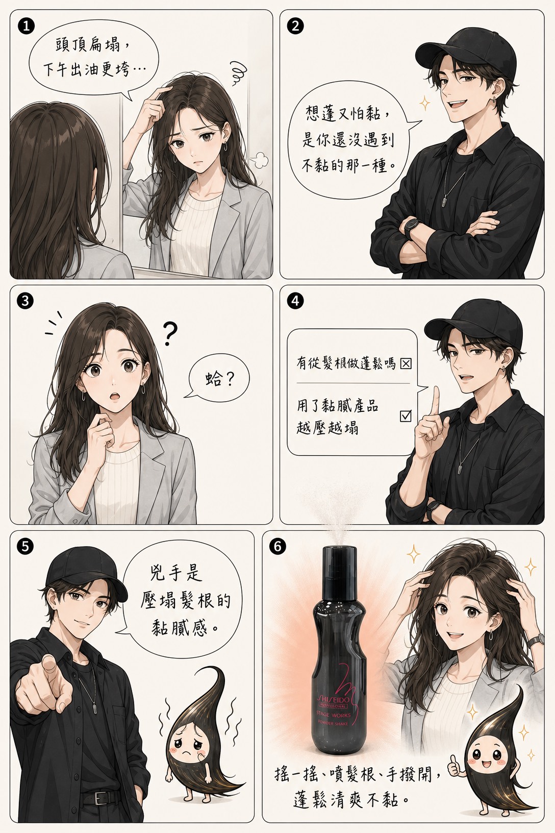 髮根扁塌,搖一搖噴髮根、撥開就蓬不黏