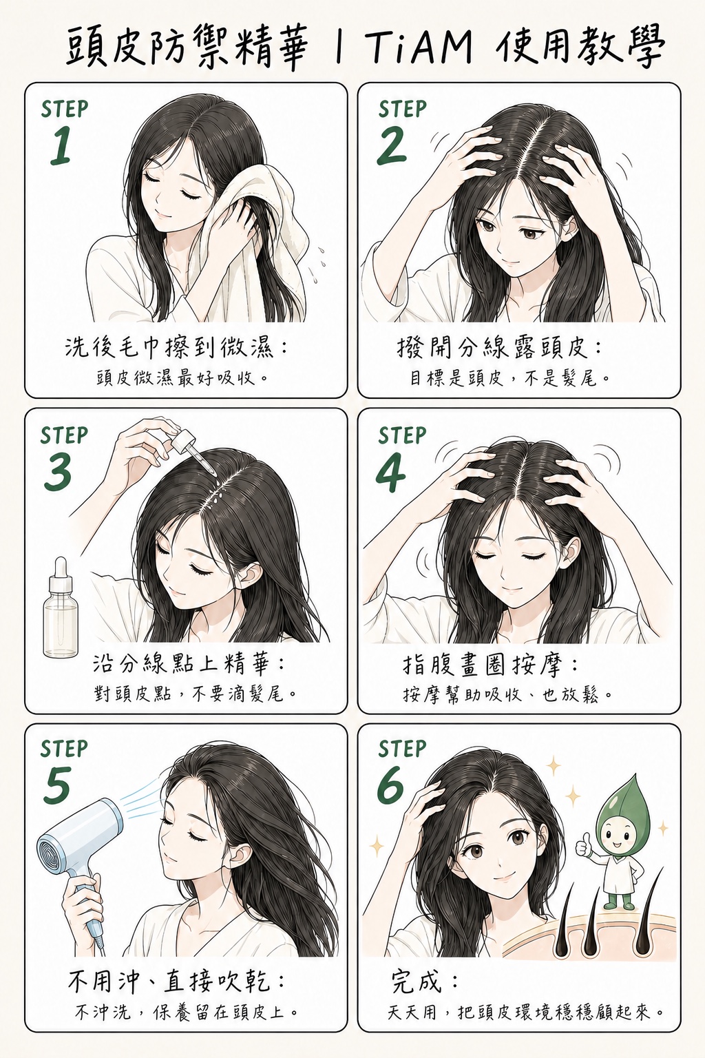 六步驟使用教學:洗後微濕→撥分線→沿頭皮點精華→指腹按摩→不沖直接吹乾