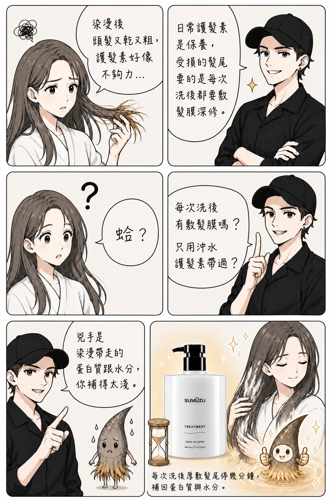 六格問題漫畫:染燙後乾粗硬像稻草,日常護髮素不夠力,洗後厚敷髮尾停幾分鐘、補回蛋白質與水分