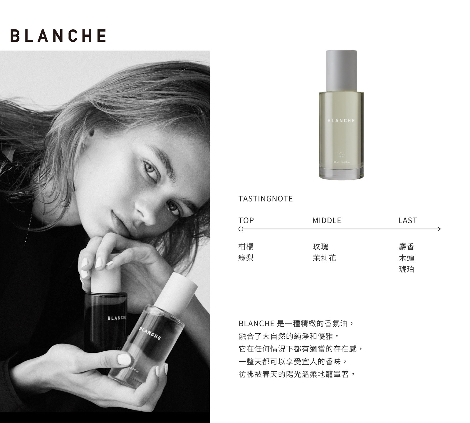 蘭沁 BLANCHE|前味 柑橘・綠梨 → 中味 玫瑰・茉莉花 → 後味 麝香・木質・琥珀
