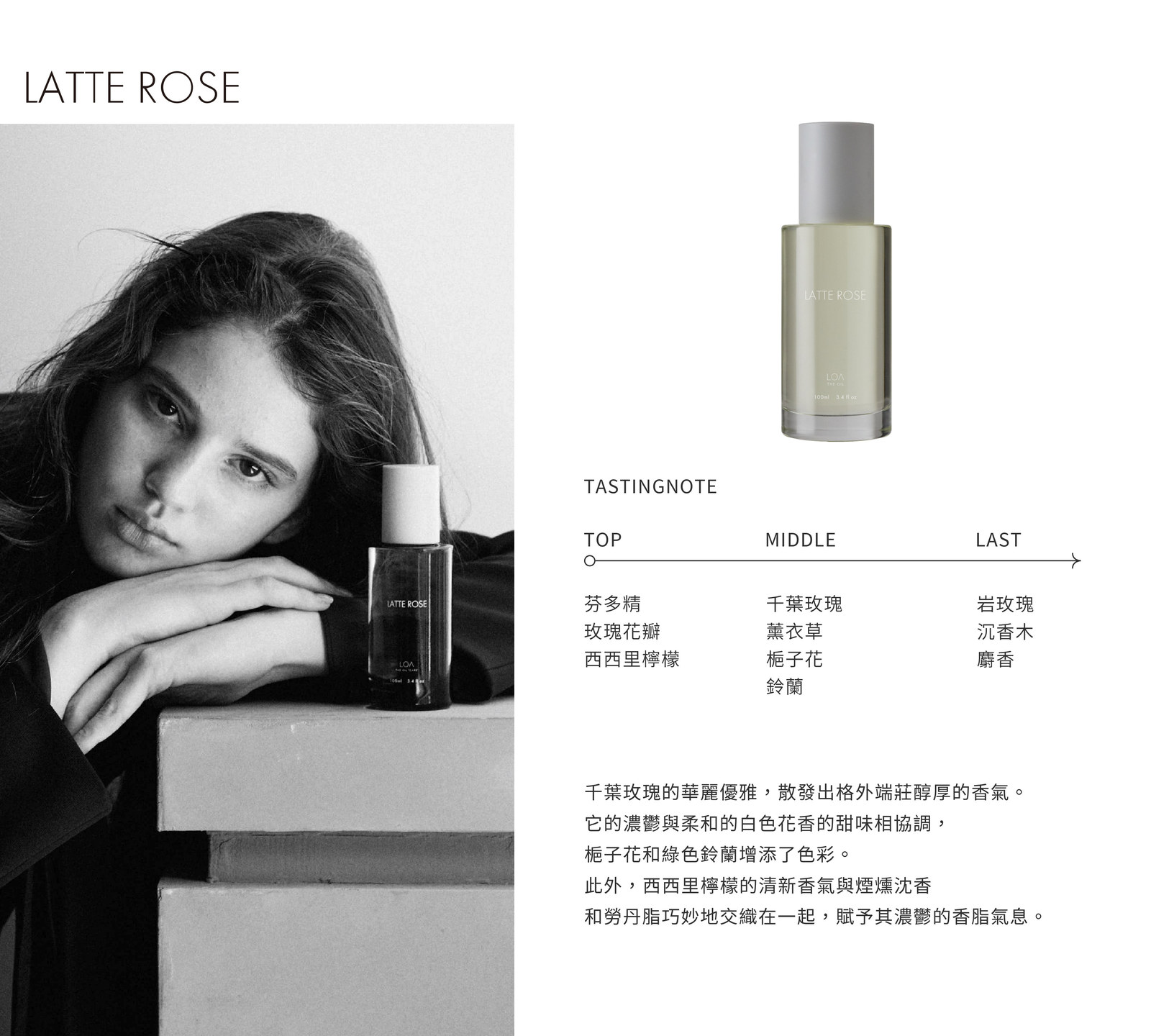 玫戀拿鐵 LATTE ROSE|前味 芬多精・玫瑰花瓣・西西里檸檬 → 中味 千葉玫瑰・薰衣草・梔子花・鈴蘭 → 後味 岩玫瑰・沉香木・麝香