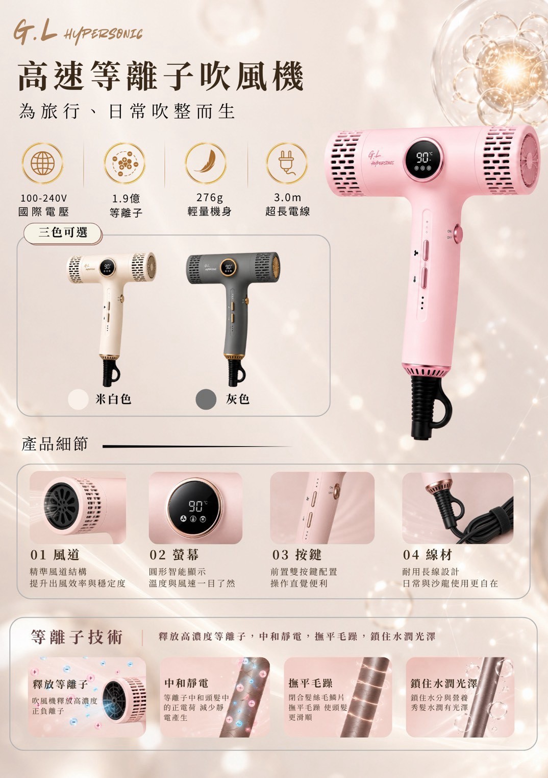 100–240V 國際電壓、1.9 億等離子、276g 機身、3 公尺長線，圓形螢幕溫度風速一眼看清楚