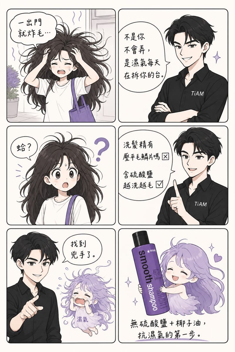 漫畫版使用說明:一出門就炸毛?含硫酸鹽越洗越毛,換無硫酸鹽+椰子油抗濕氣