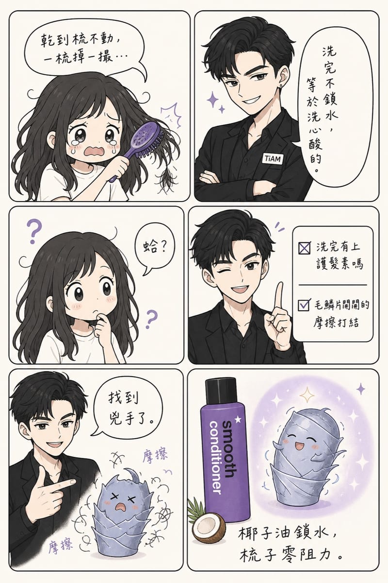 漫畫版使用說明:染燙受損易打結,椰子油鎖水讓梳子零阻力