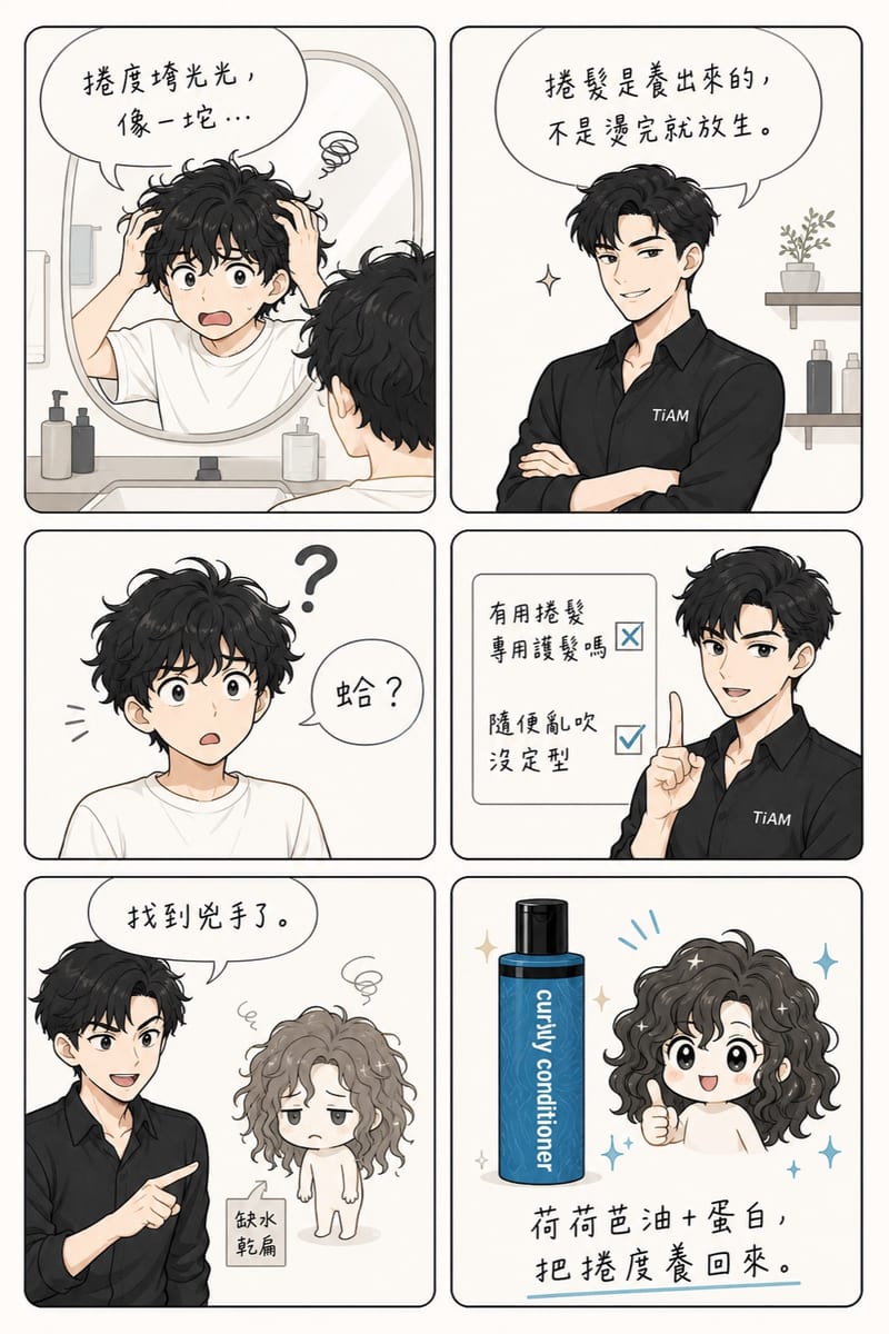漫畫版使用說明:自然捲、燙捲專用,荷荷芭油+蛋白養出 Q 彈捲